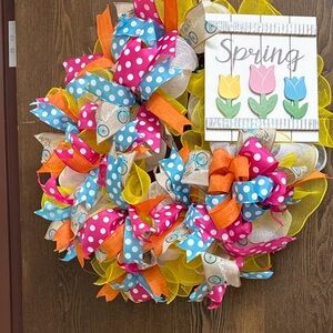 Colorful Spring Wreath with Polka Dot Ribbons